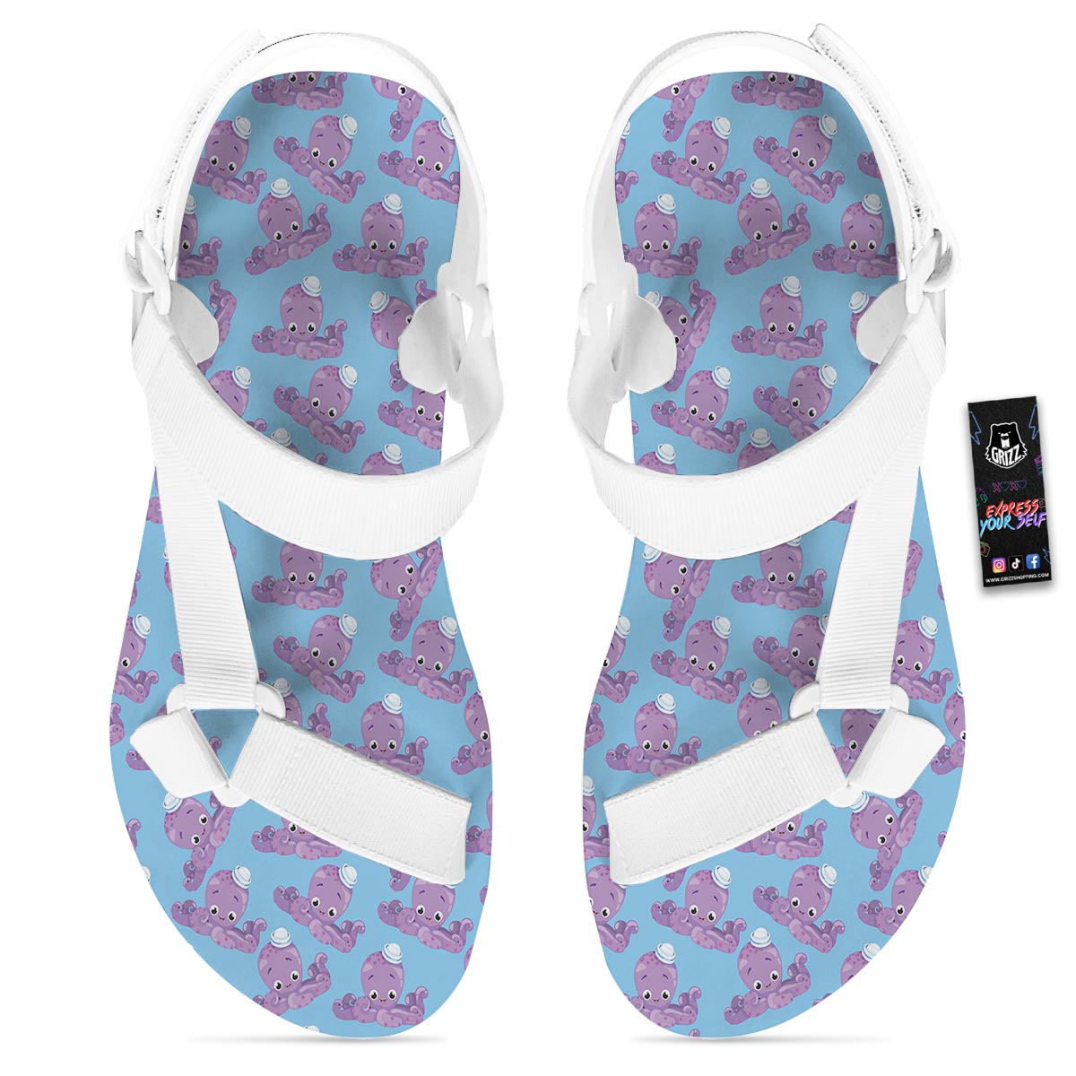 Octopus Teal And Purple Print Pattern White Open Toe Sandals-grizzshop