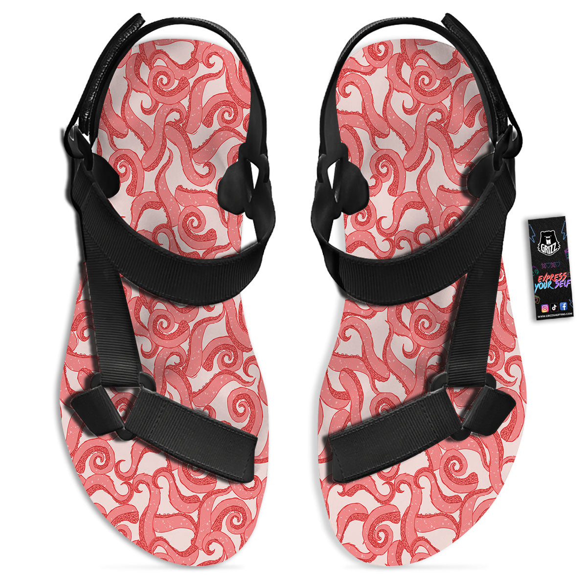 Octopus Tentacles Pink Print Pattern Black Open Toe Sandals-grizzshop