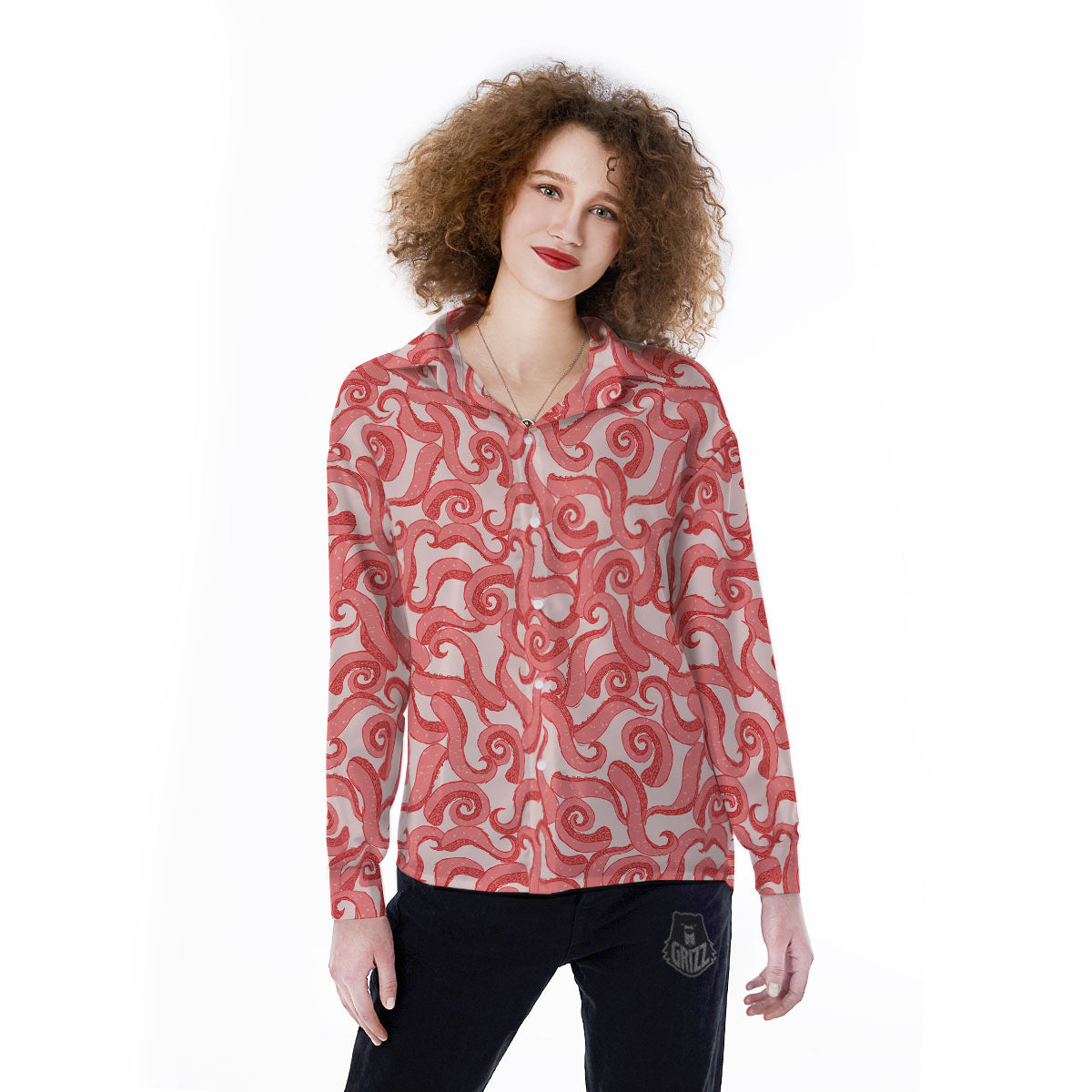 Octopus Tentacles Pink Print Pattern Women's Long Sleeve Shirts-grizzshop