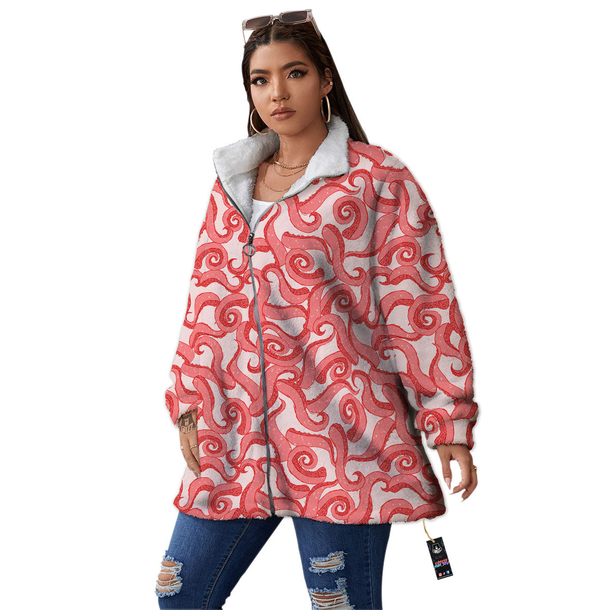 Octopus Tentacles Pink Print Pattern Women's Sherpa Jacket-grizzshop