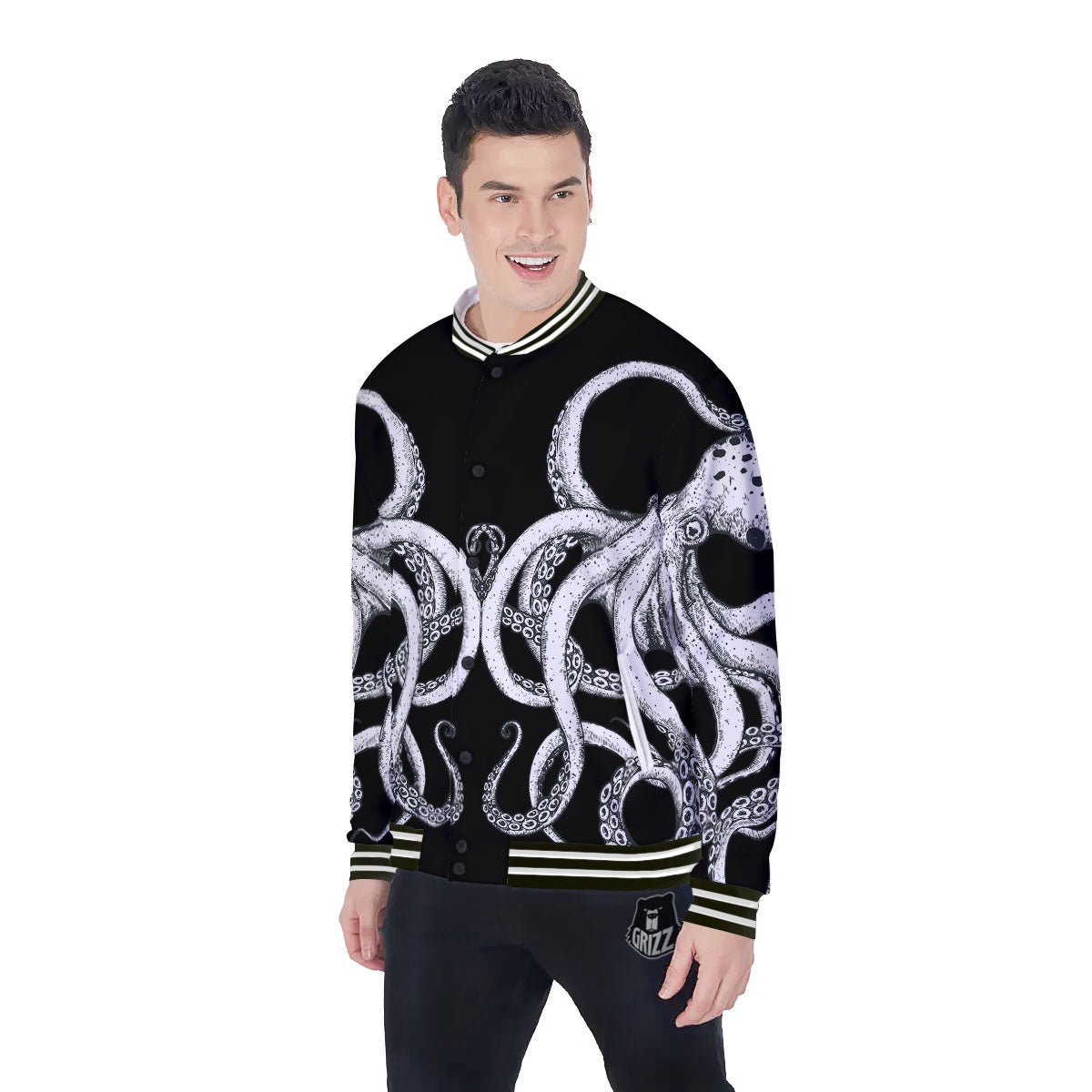 Octopus Tentacles White And Black Print Baseball Jacket-grizzshop