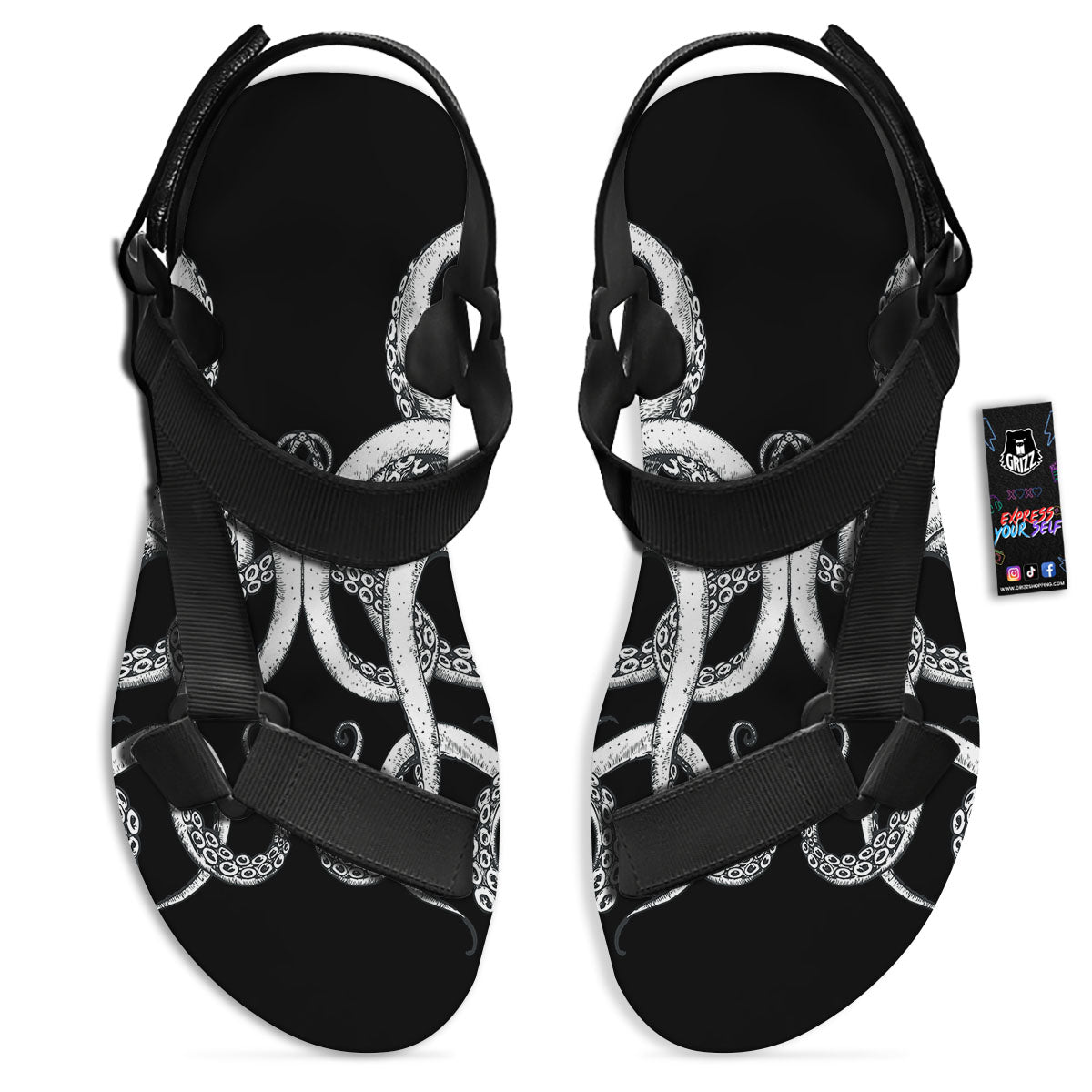 Octopus Tentacles White And Black Print Black Open Toe Sandals-grizzshop