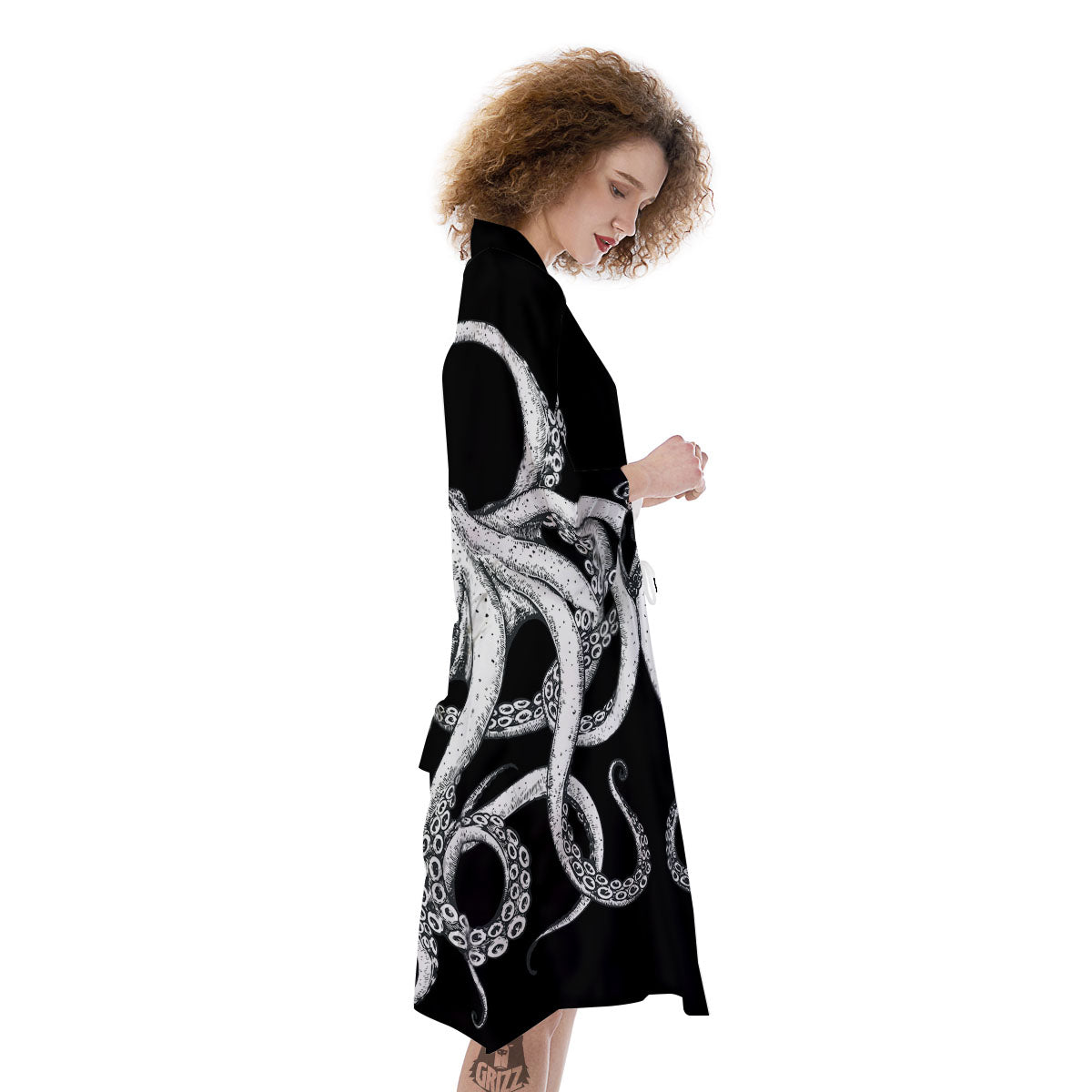 Octopus Tentacles White And Black Print Kimono-grizzshop