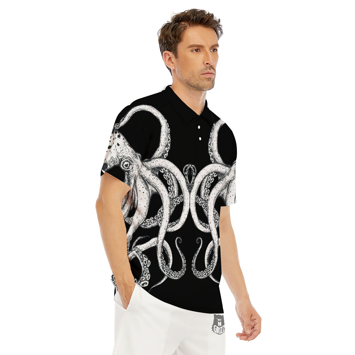 Octopus Tentacles White And Black Print Men's Golf Shirts-grizzshop