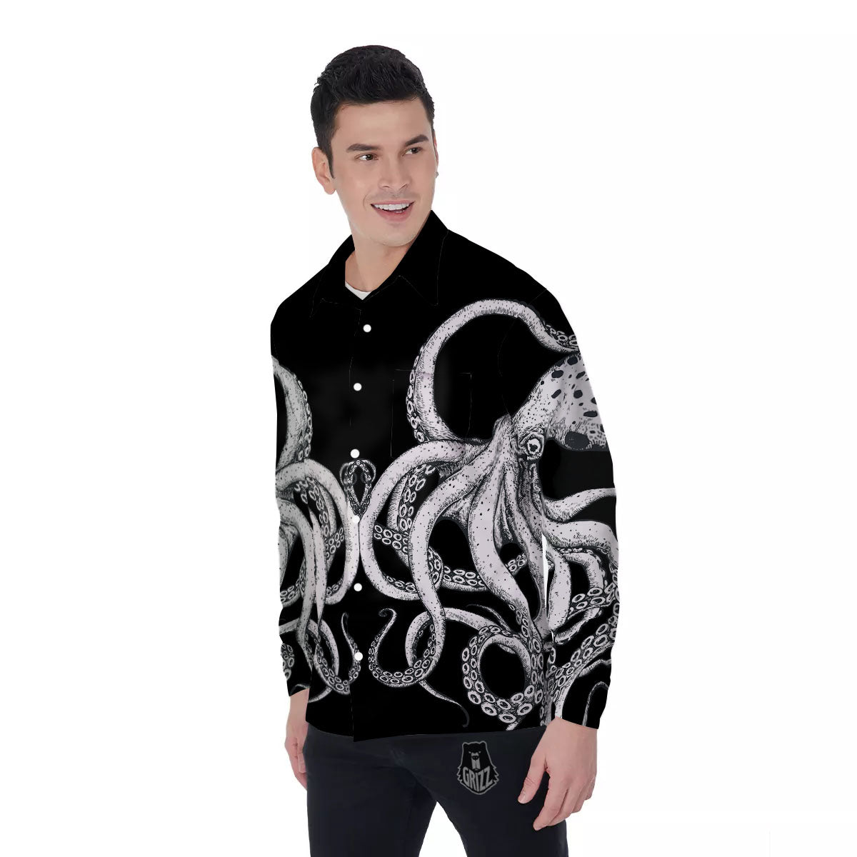 Octopus Tentacles White And Black Print Men's Long Sleeve Shirts-grizzshop