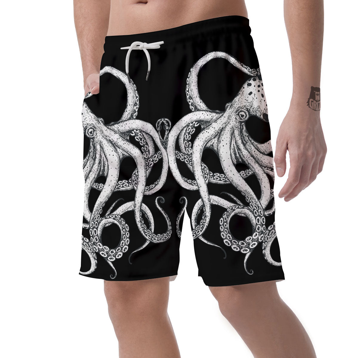 Octopus Tentacles White And Black Print Men's Shorts-grizzshop