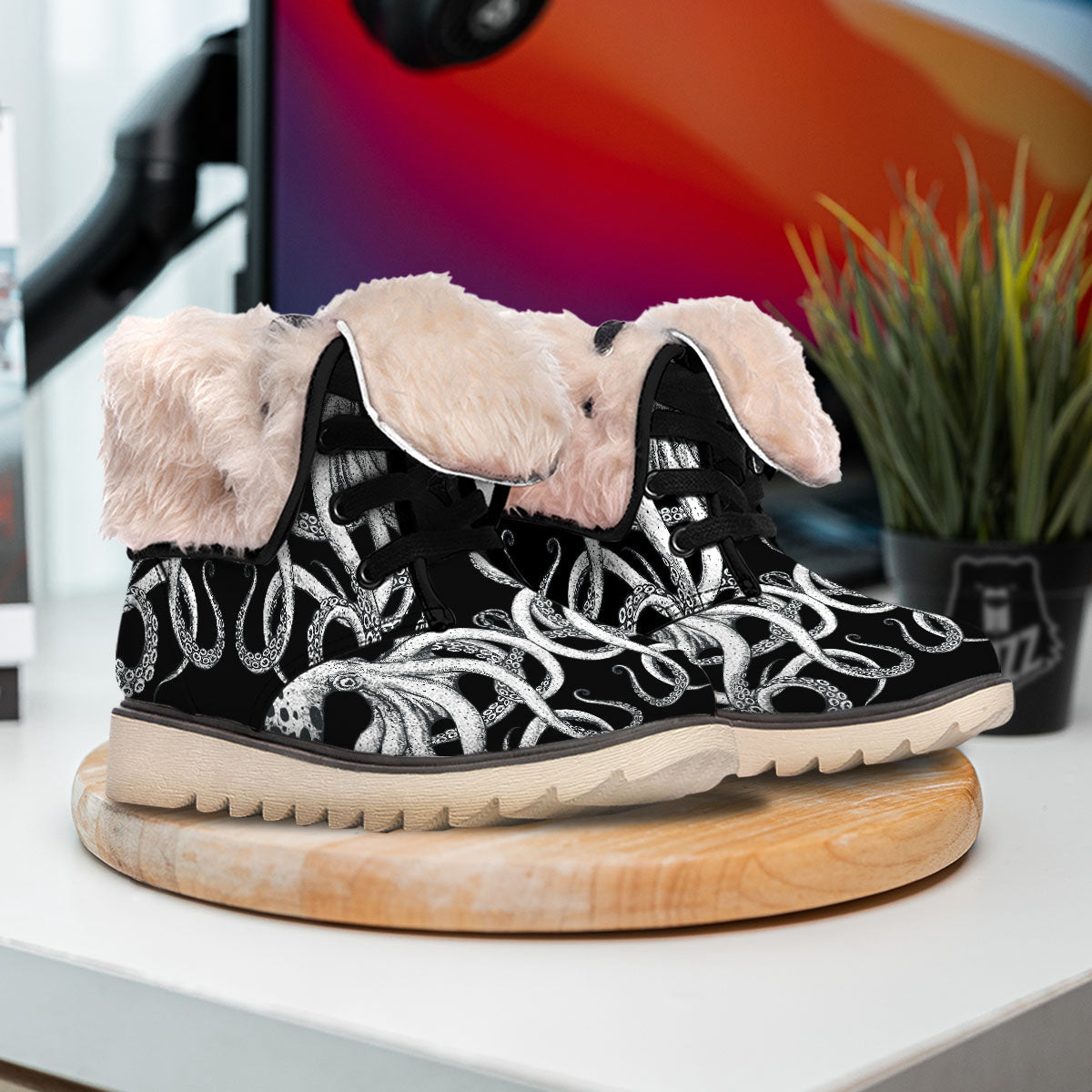 Octopus Tentacles White And Black Print Snow Boots-grizzshop