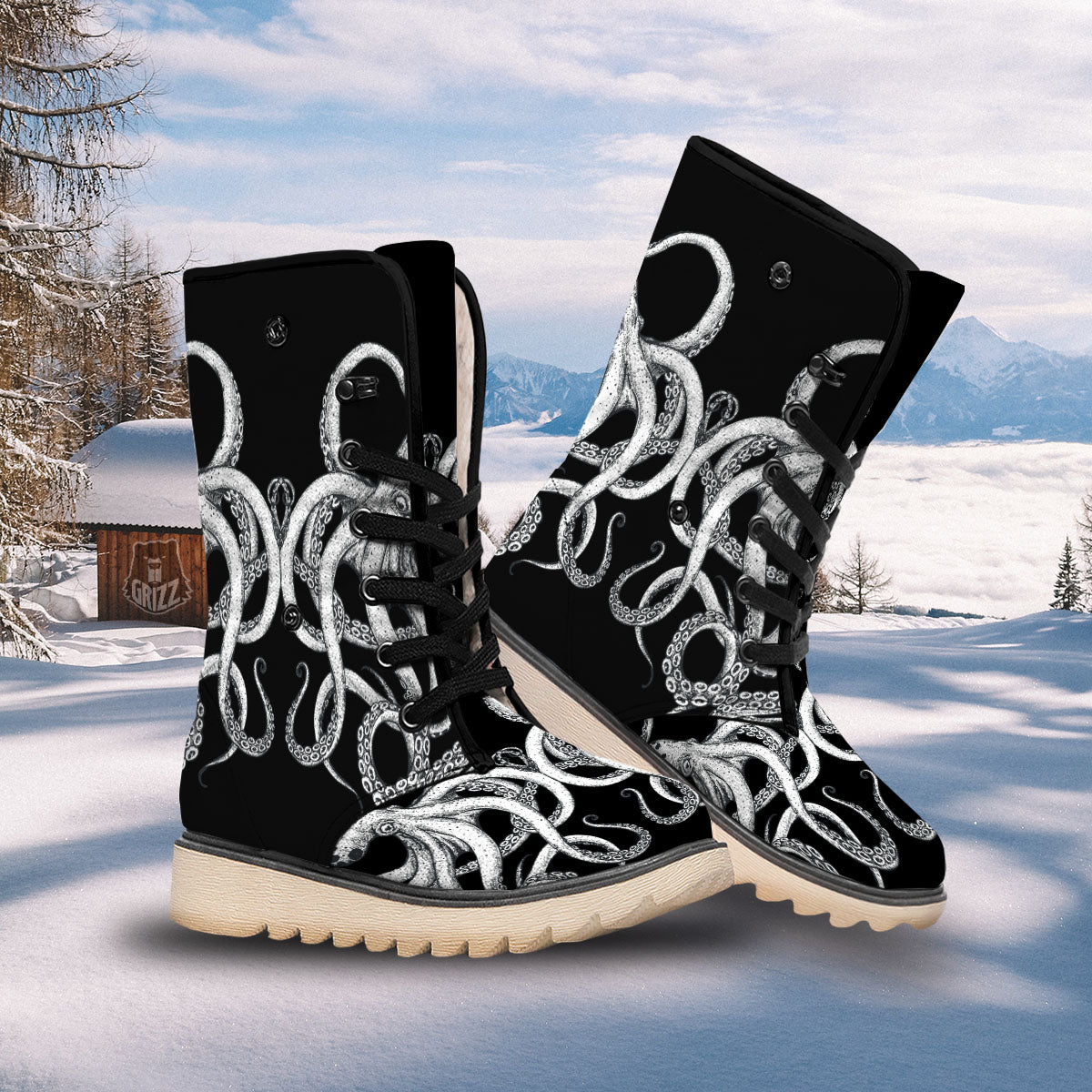 Octopus Tentacles White And Black Print Snow Boots-grizzshop