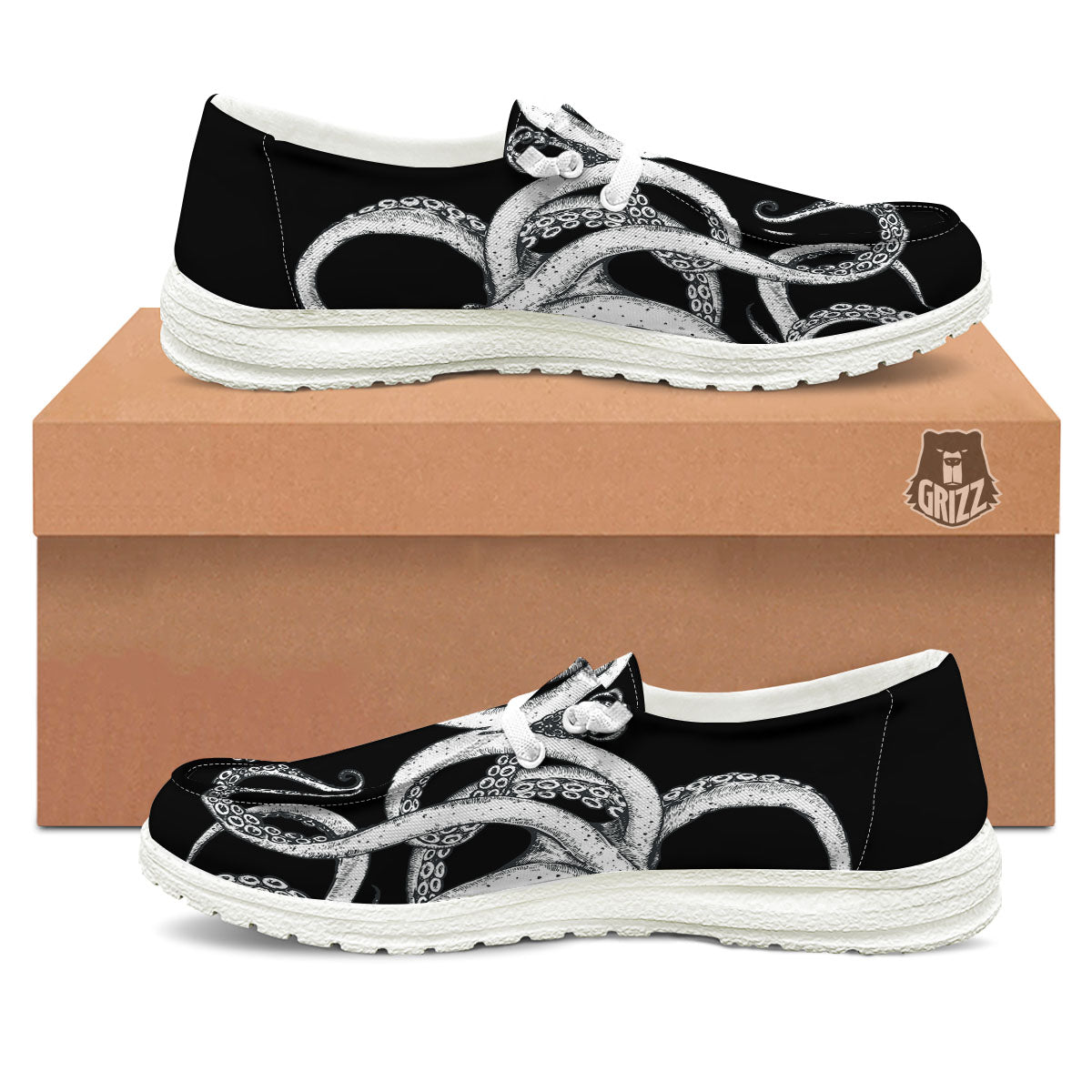 Octopus Tentacles White And Black Print White Loafers-grizzshop