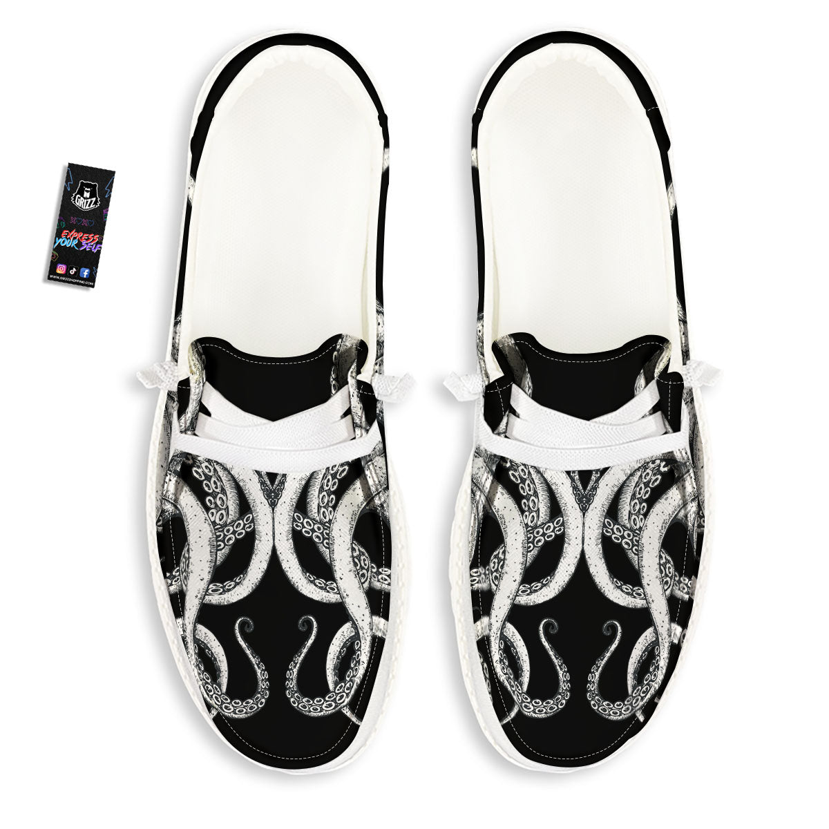 Octopus Tentacles White And Black Print White Loafers-grizzshop