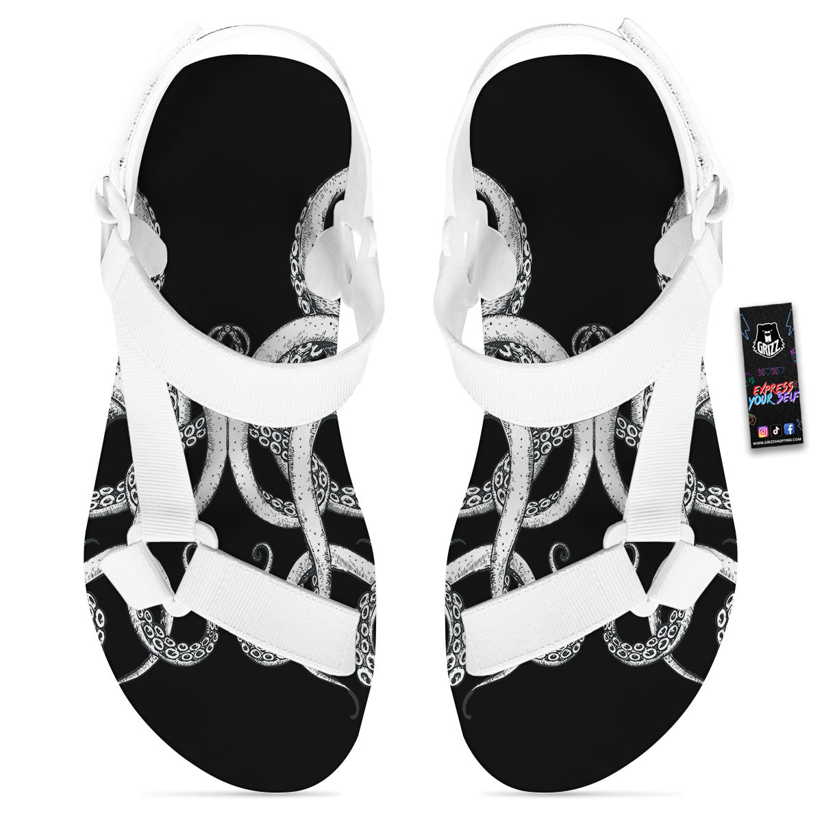 Octopus Tentacles White And Black Print White Open Toe Sandals-grizzshop