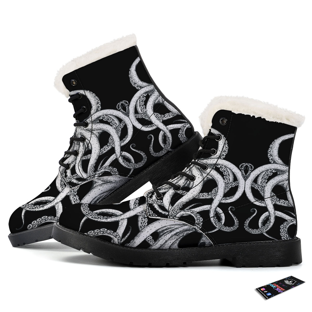 Octopus Tentacles White And Black Print Winter Boots-grizzshop