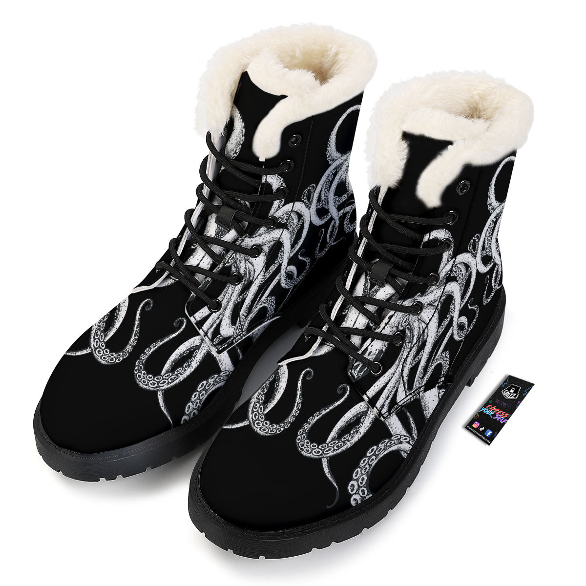 Octopus Tentacles White And Black Print Winter Boots-grizzshop