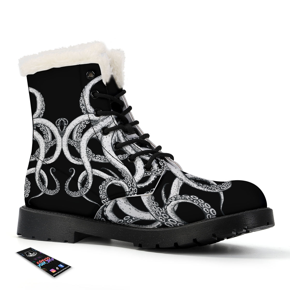 Octopus Tentacles White And Black Print Winter Boots-grizzshop