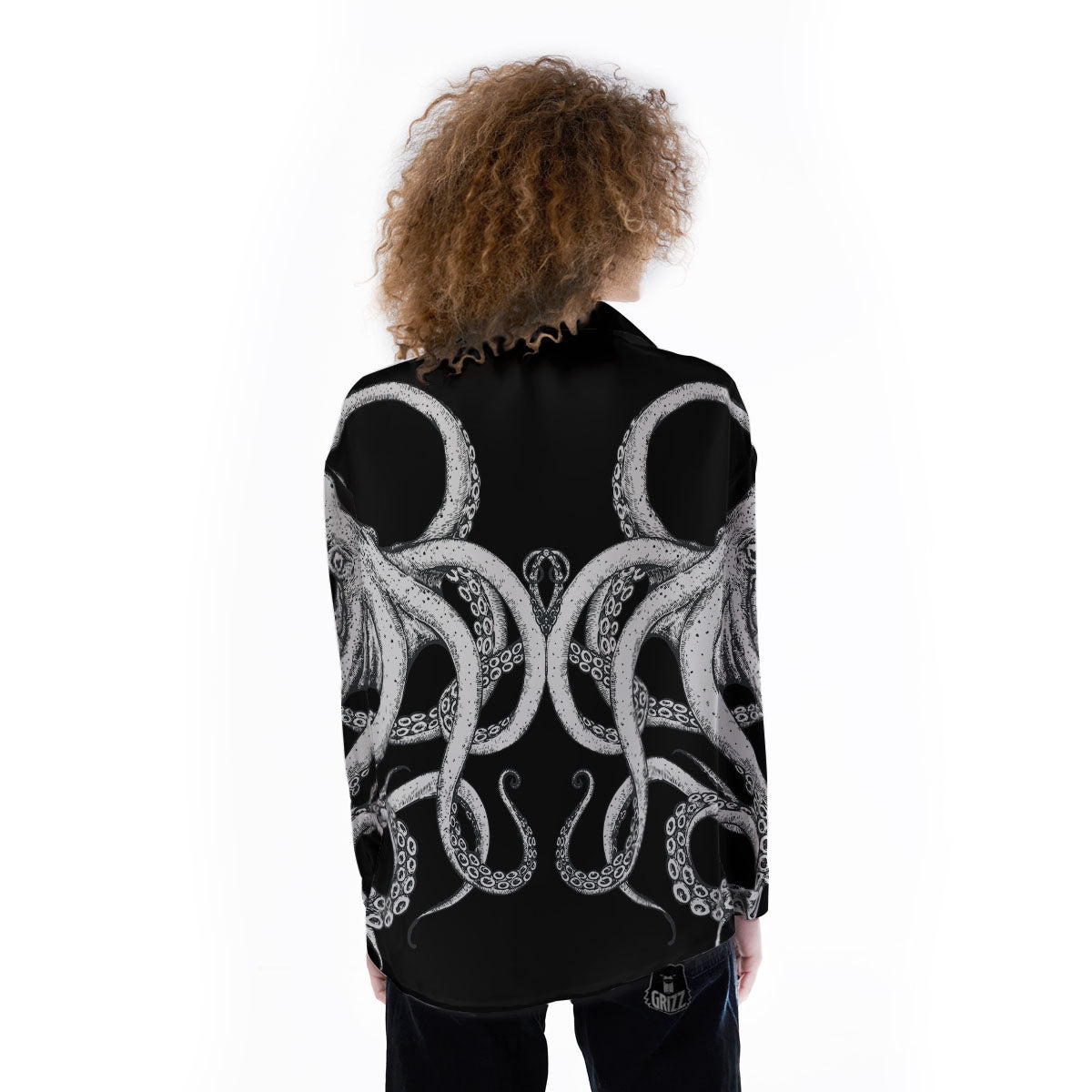Octopus Tentacles White And Black Print Women's Long Sleeve Shirts-grizzshop