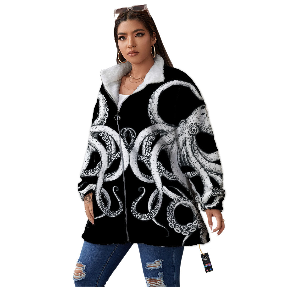 Octopus Tentacles White And Black Print Women's Sherpa Jacket-grizzshop