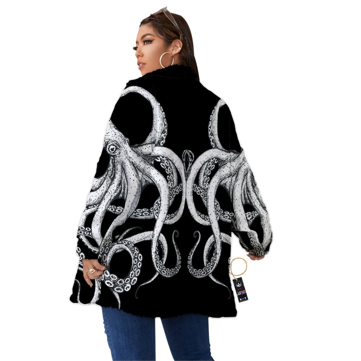 Octopus Tentacles White And Black Print Women's Sherpa Jacket-grizzshop