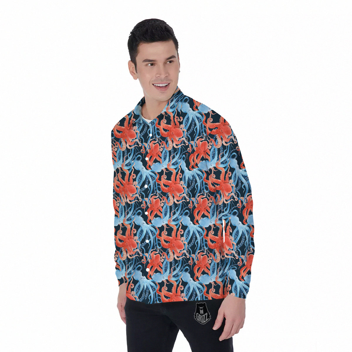 Octopus Watercolor Print Pattern Men's Long Sleeve Shirts-grizzshop