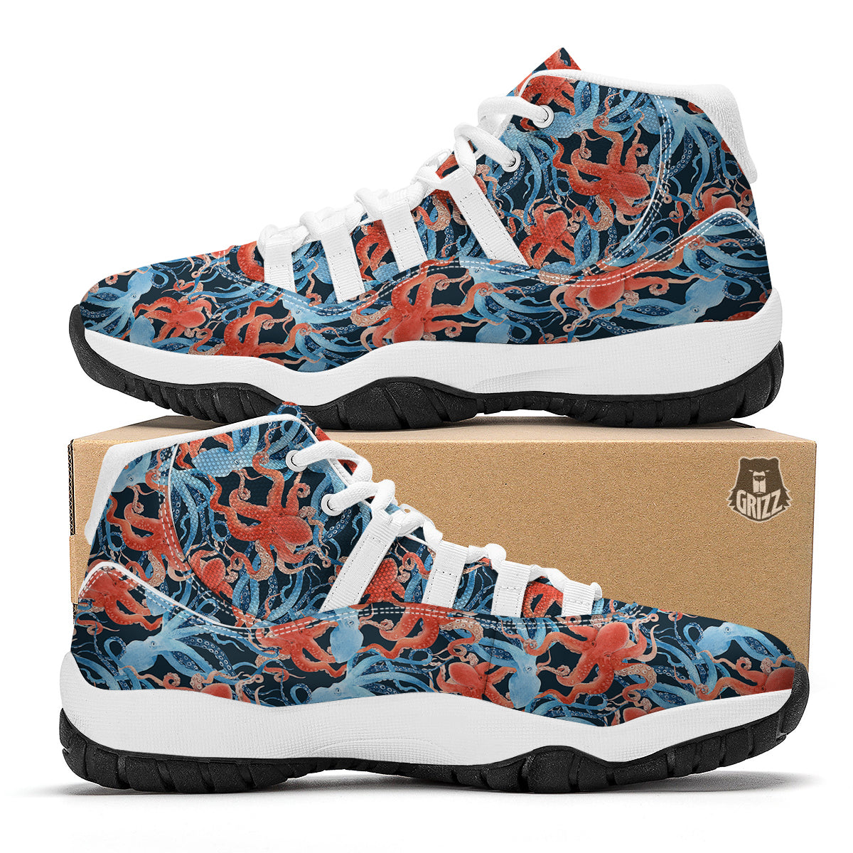 Octopus Watercolor Print Pattern White Bball Shoes-grizzshop