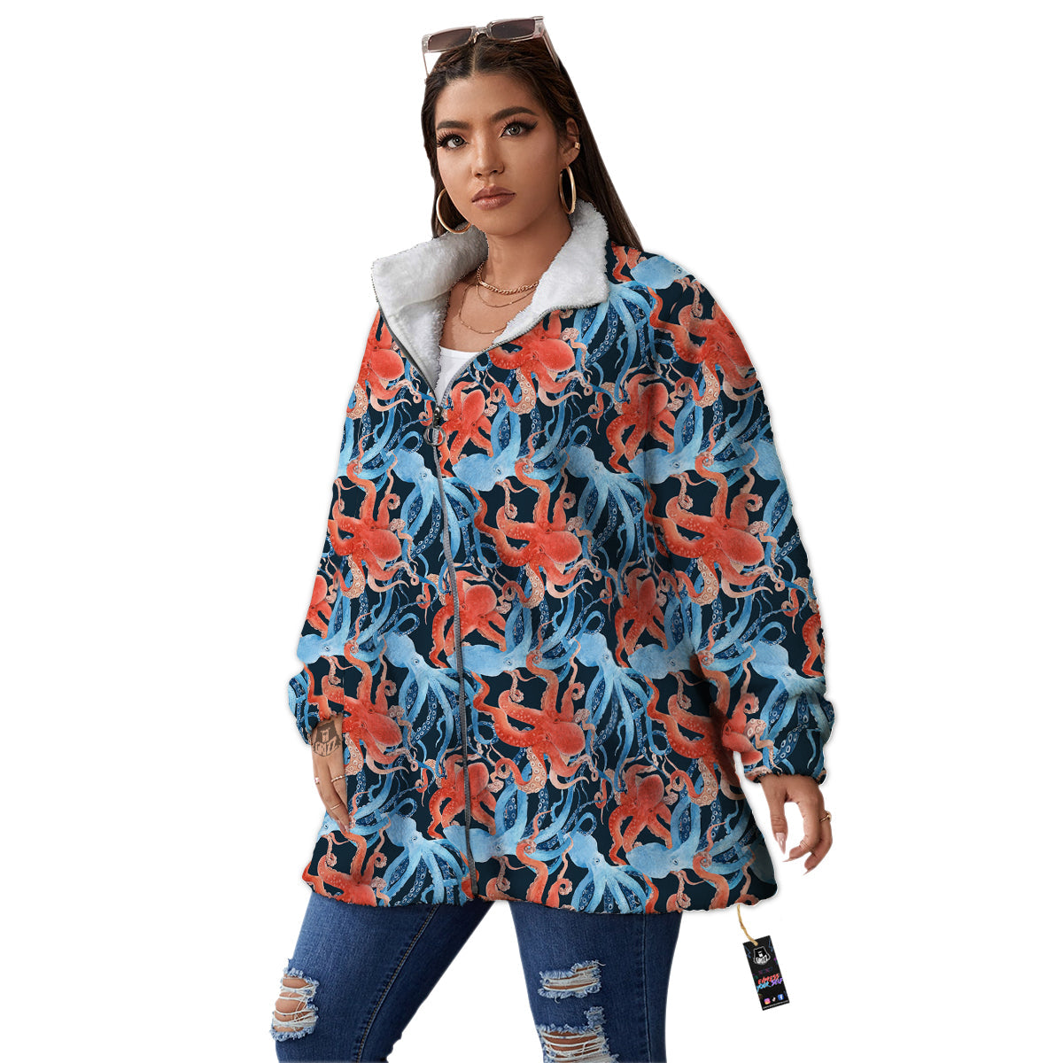 Octopus Watercolor Print Pattern Women's Sherpa Jacket-grizzshop