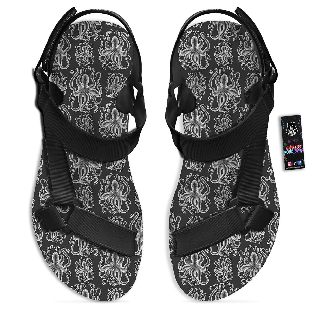 Octopus White And Black Print Pattern Black Open Toe Sandals-grizzshop