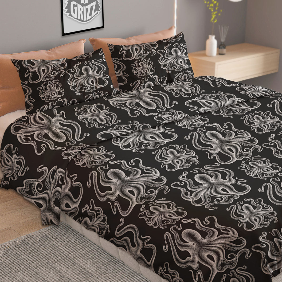 Octopus White And Black Print Pattern Duvet Cover Bedding Set