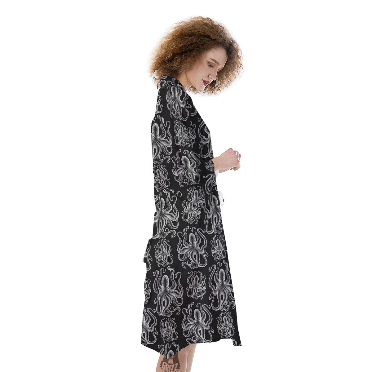 Octopus White And Black Print Pattern Kimono-grizzshop