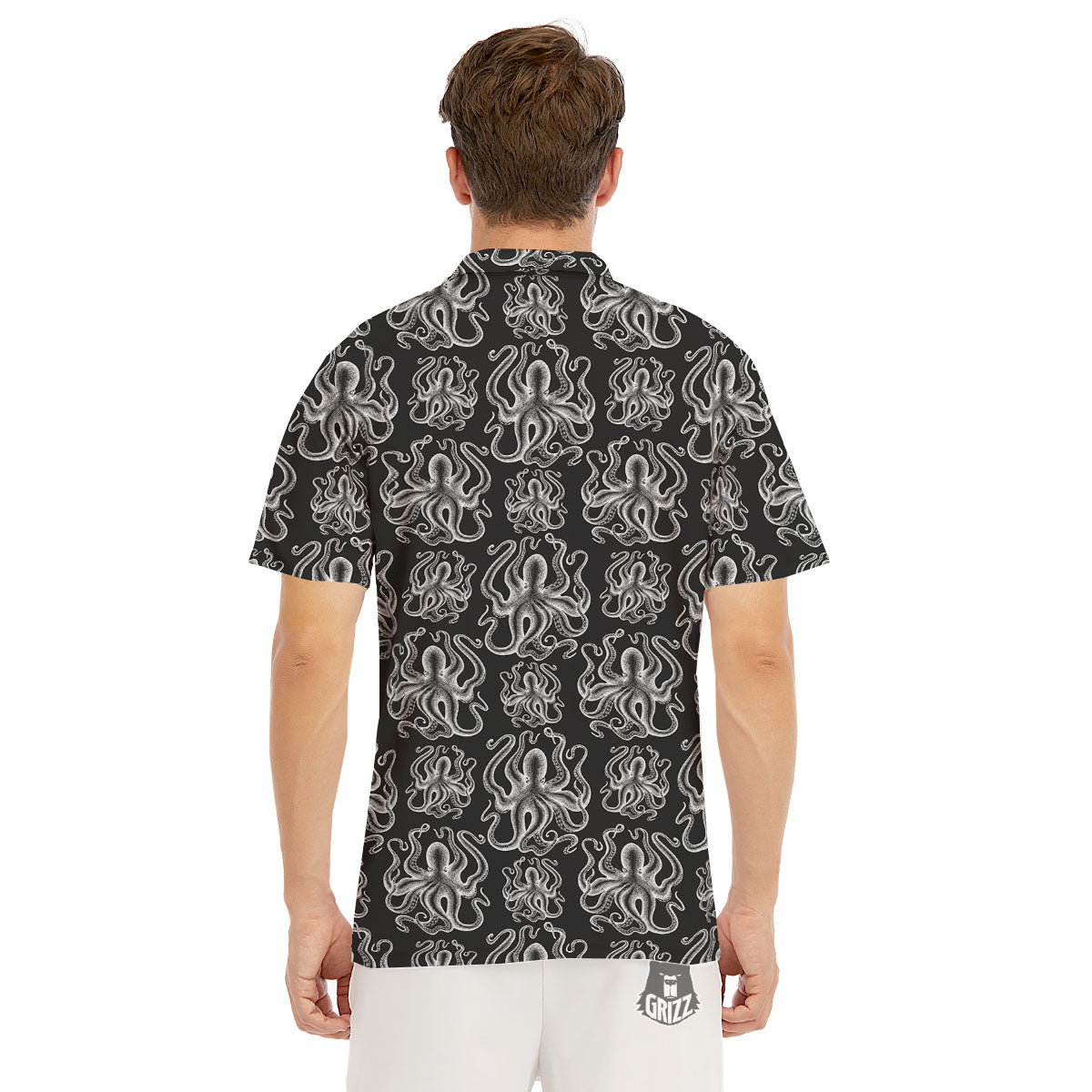 Octopus White And Black Print Pattern Men's Golf Shirts-grizzshop