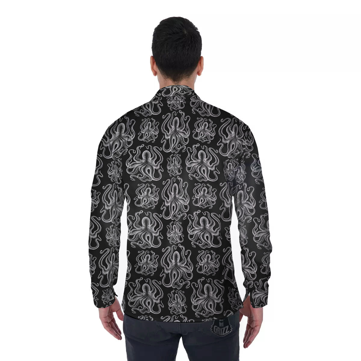 Octopus White And Black Print Pattern Men's Long Sleeve Shirts-grizzshop