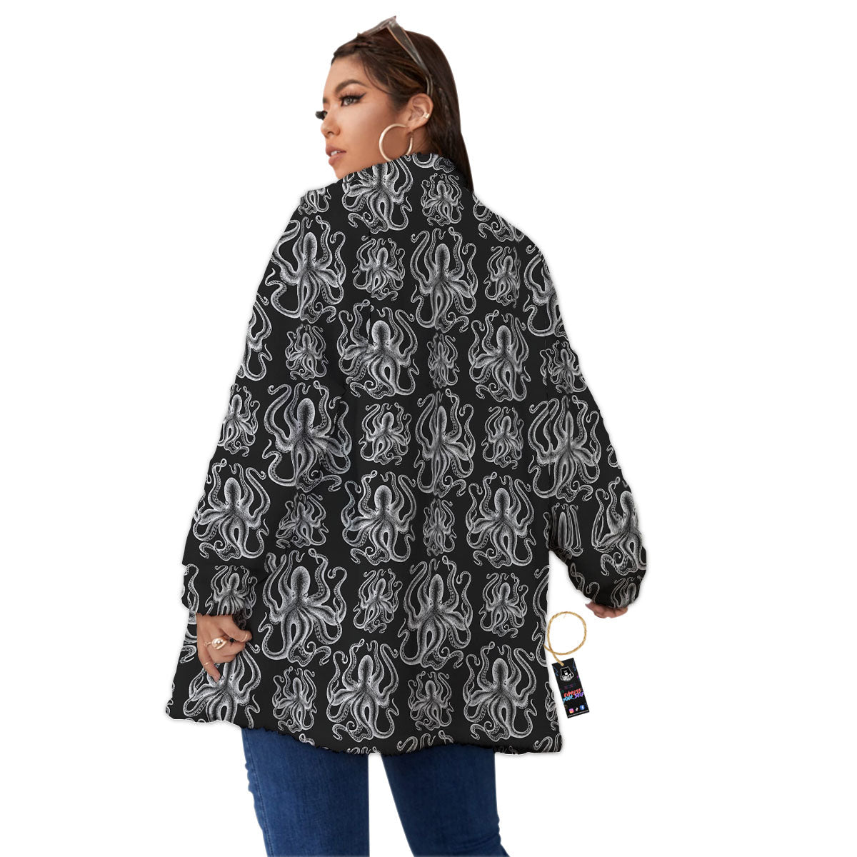 Octopus White And Black Print Pattern Women's Sherpa Jacket-grizzshop