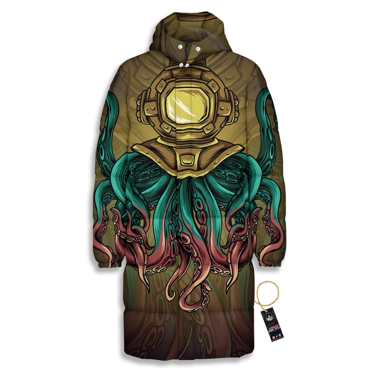 Octopus And Diving Helmet Print Long Down Jacket