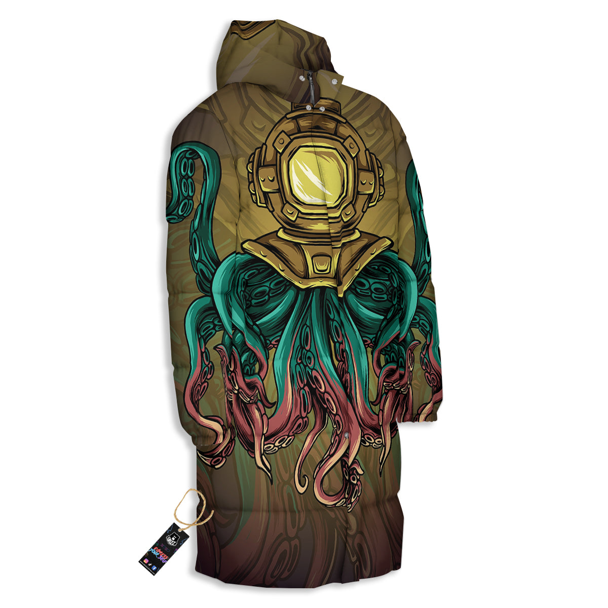 Octopus And Diving Helmet Print Long Down Jacket