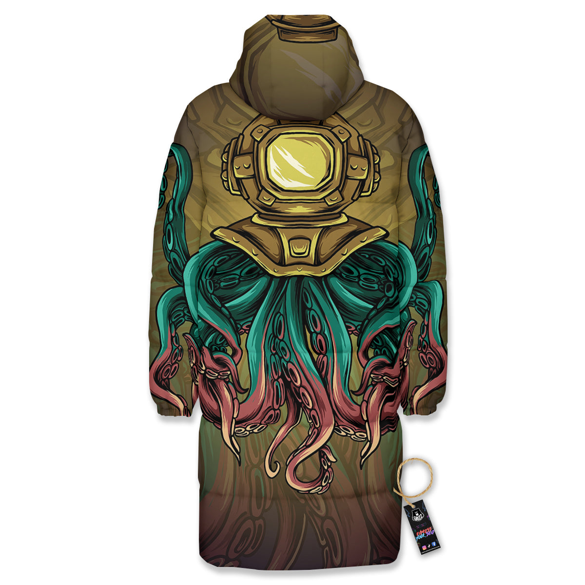Octopus And Diving Helmet Print Long Down Jacket
