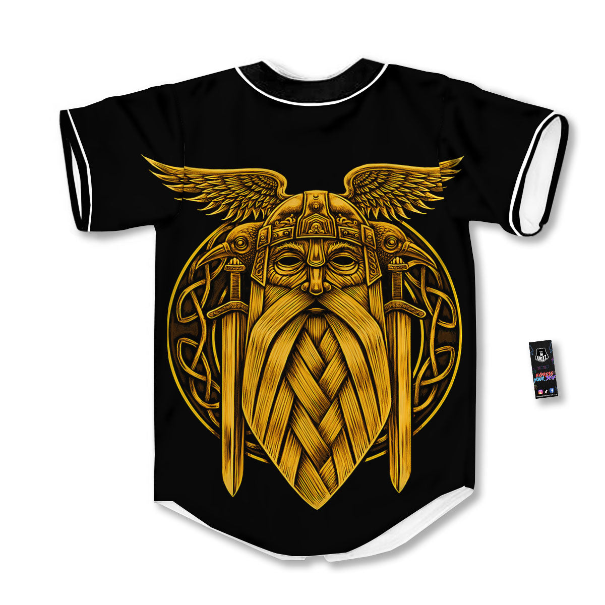 Odin God And Crow Gold Viking Print Baseball Jersey-grizzshop