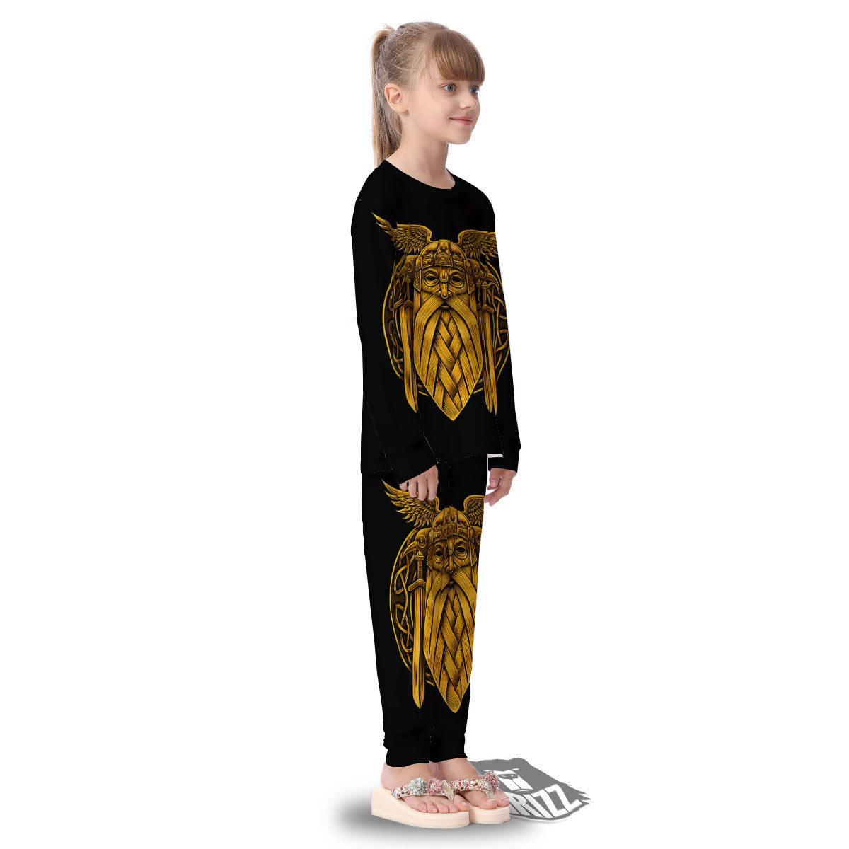 Odin God And Crow Gold Viking Print Kid's Pajamas-grizzshop