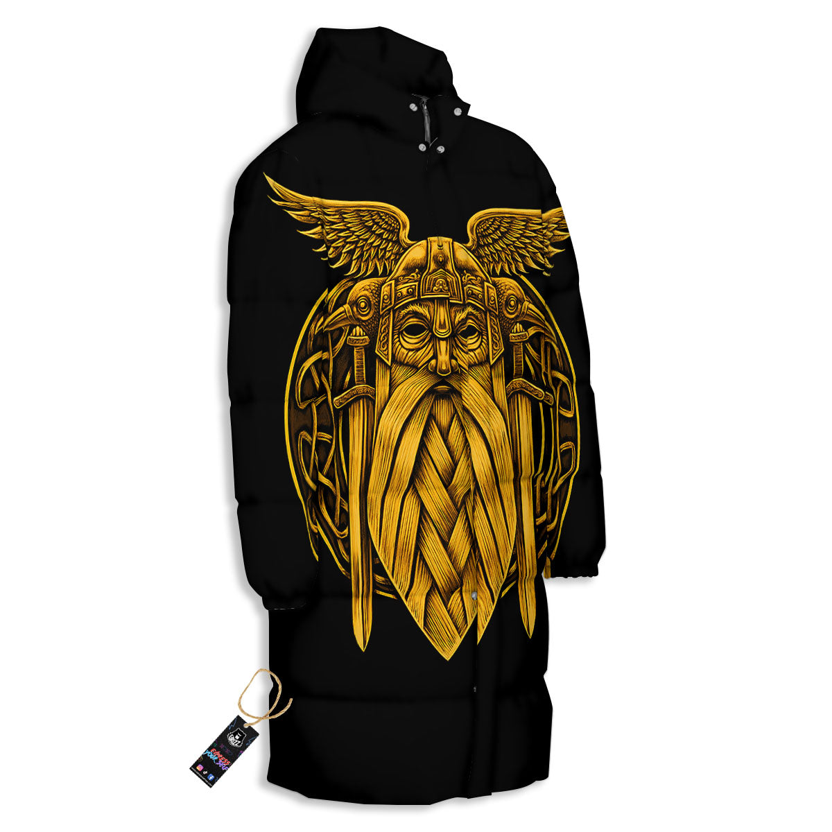 Odin God And Crow Gold Viking Print Long Down Jacket-grizzshop