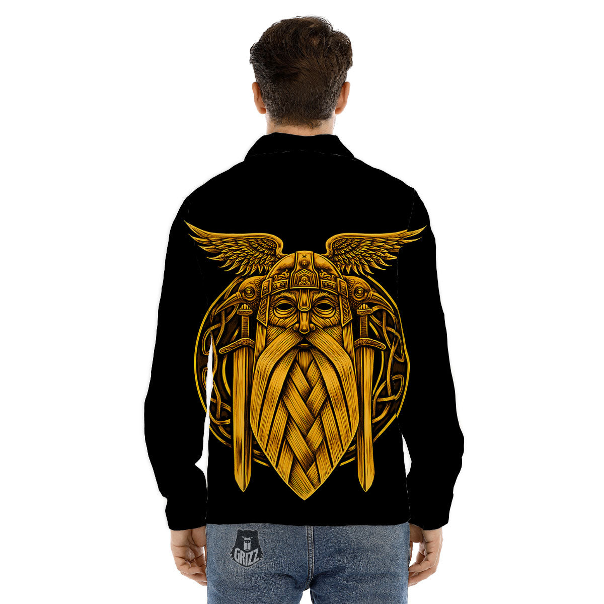 Odin God And Crow Gold Viking Print Men's Dress Shirts-grizzshop