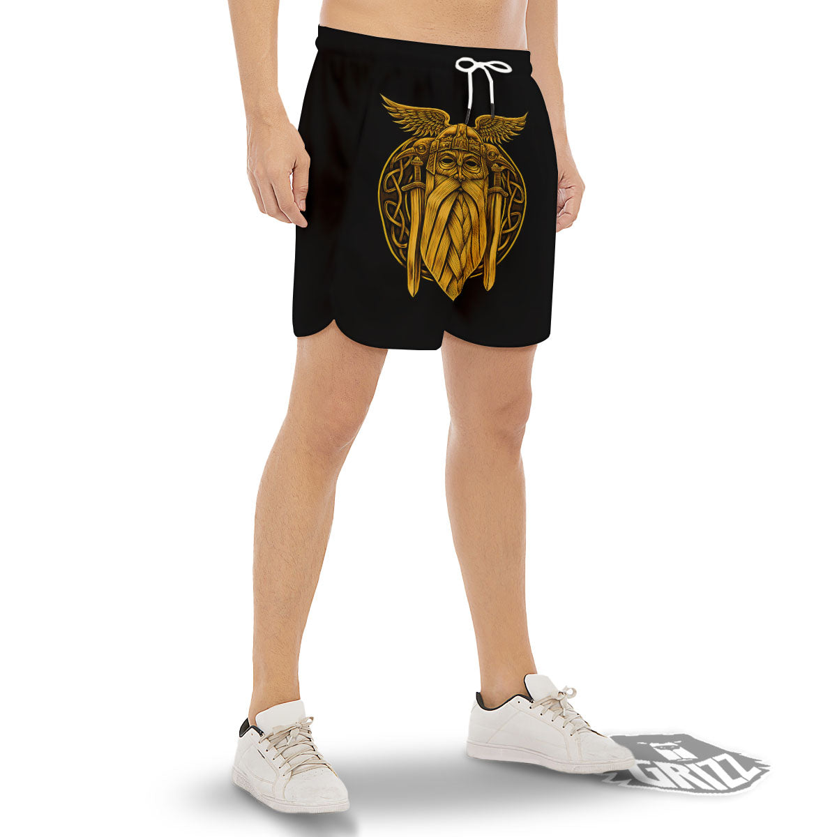 Odin God And Crow Gold Viking Print Men's Gym Shorts-grizzshop