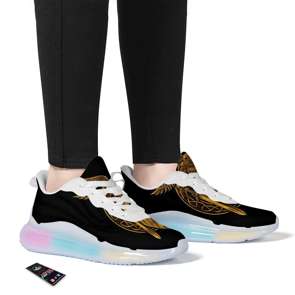 Odin God And Crow Gold Viking Print Running Sneakers-grizzshop
