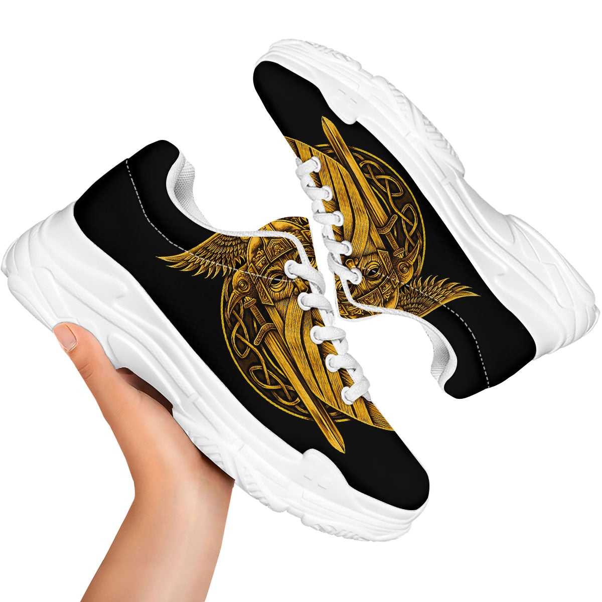 Odin God And Crow Gold Viking Print White Chunky Shoes-grizzshop