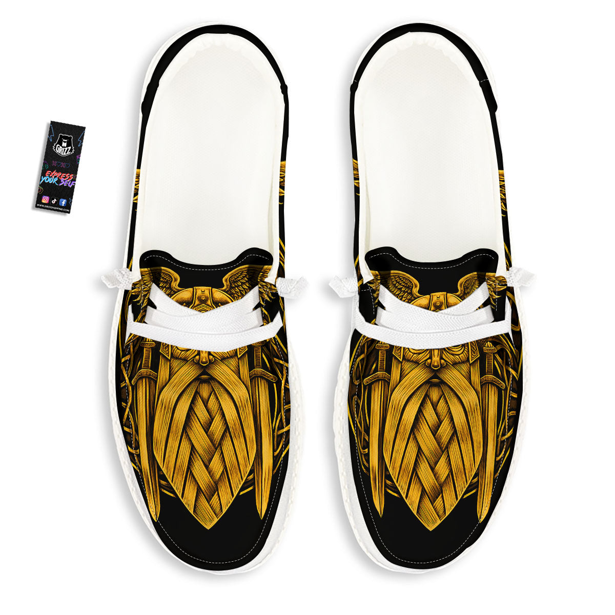 Odin God And Crow Gold Viking Print White Loafers-grizzshop