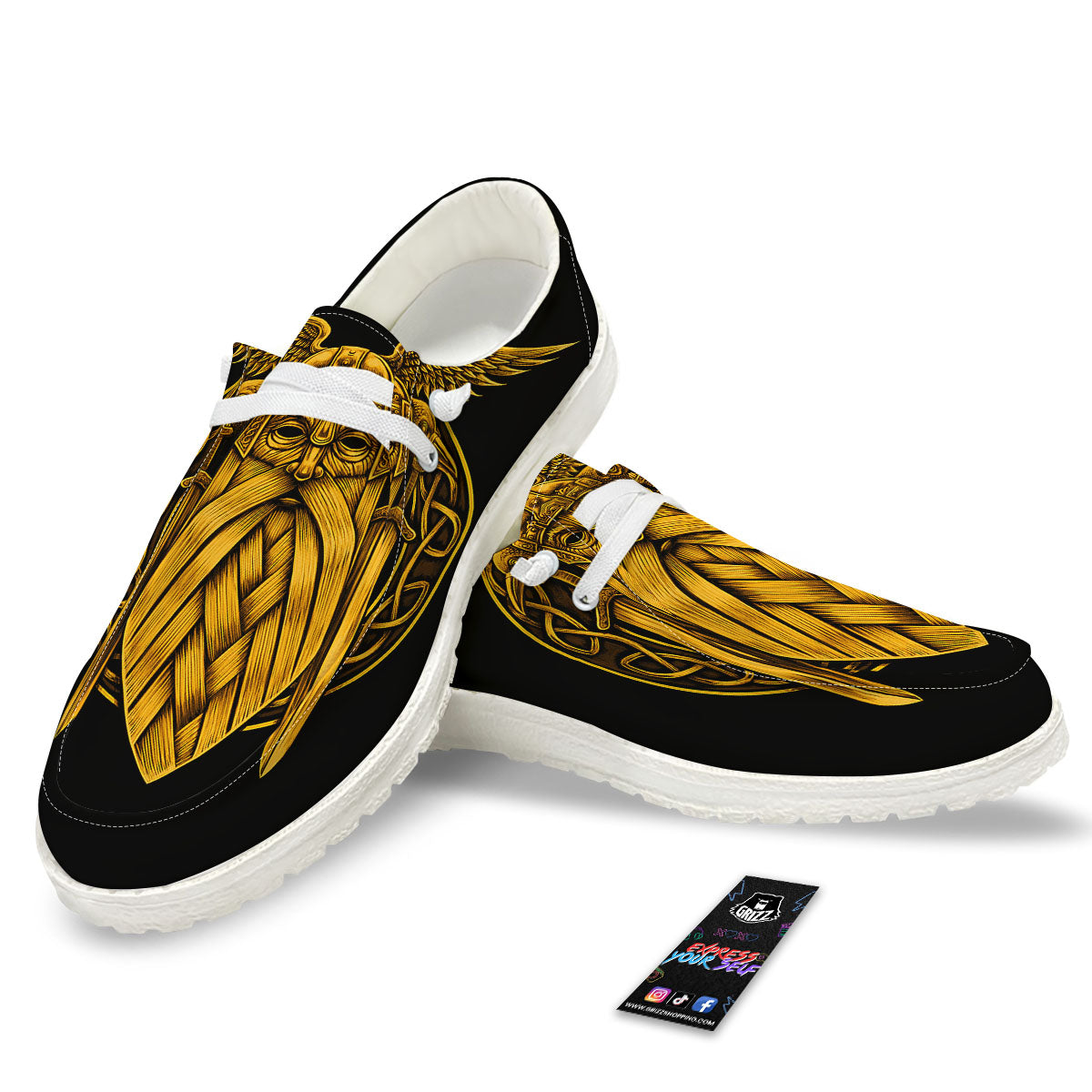 Odin God And Crow Gold Viking Print White Loafers-grizzshop