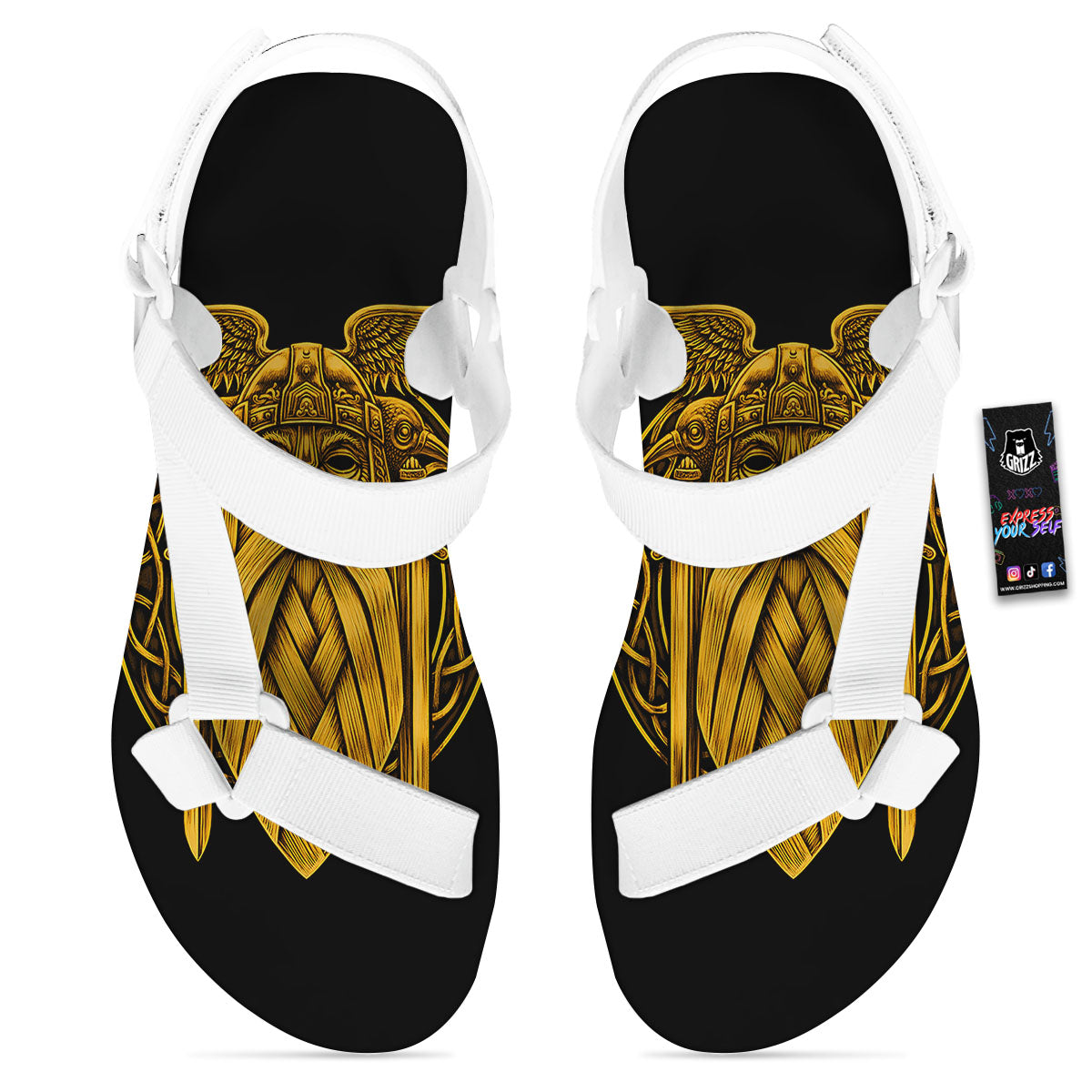 Odin God And Crow Gold Viking Print White Open Toe Sandals-grizzshop
