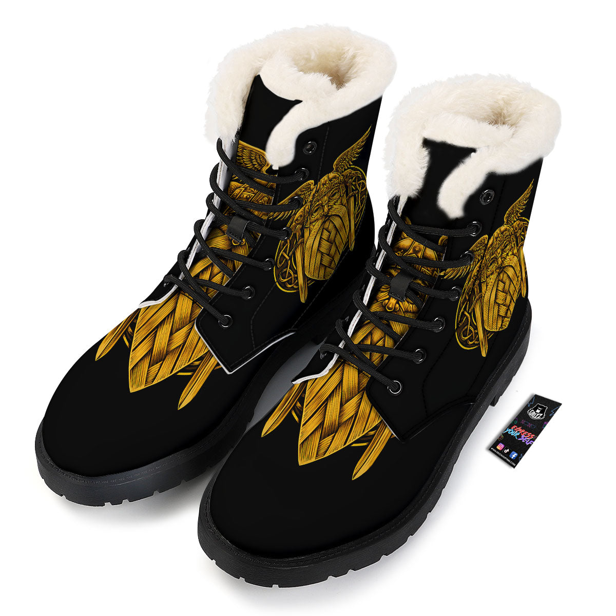 Odin God And Crow Gold Viking Print Winter Boots-grizzshop
