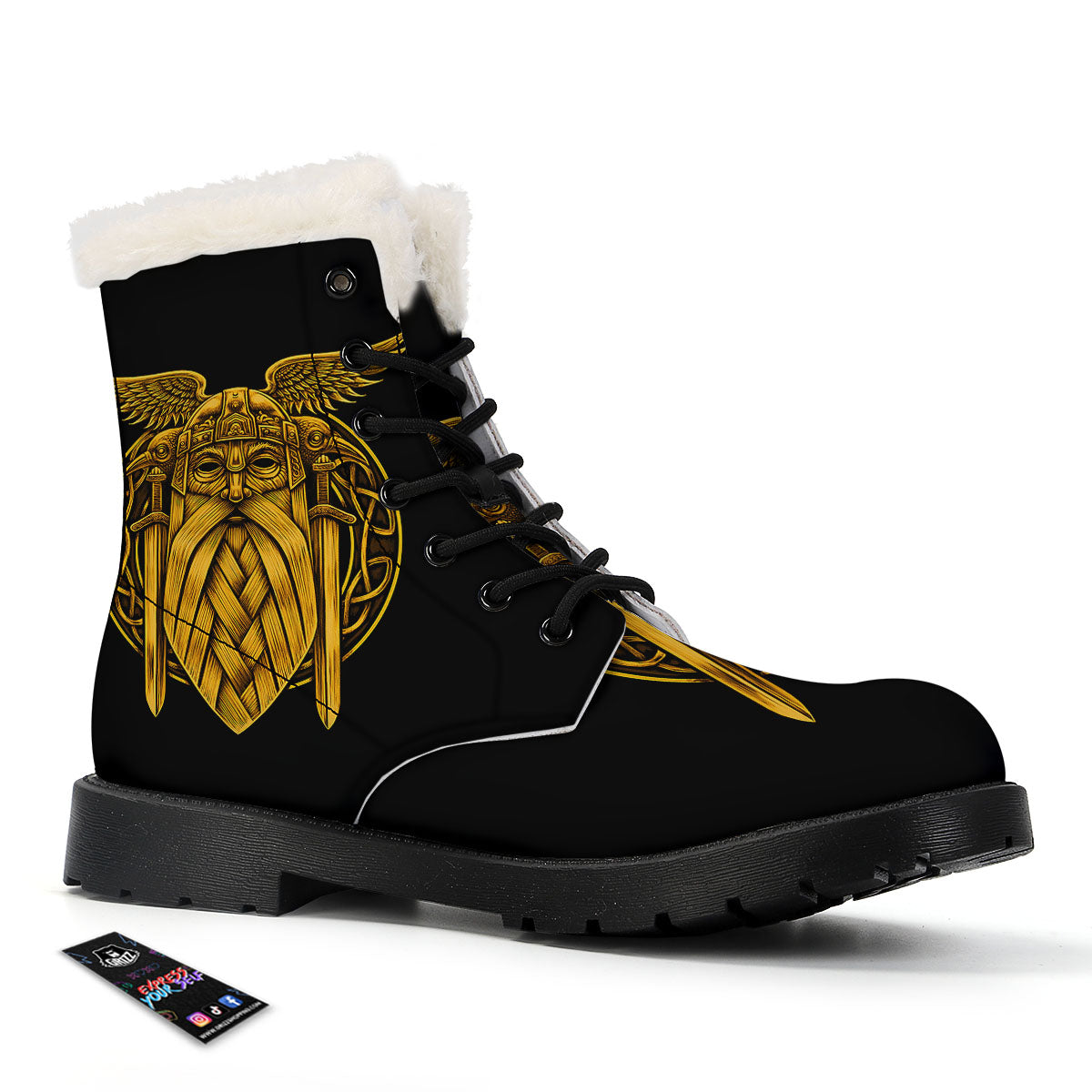Odin God And Crow Gold Viking Print Winter Boots-grizzshop