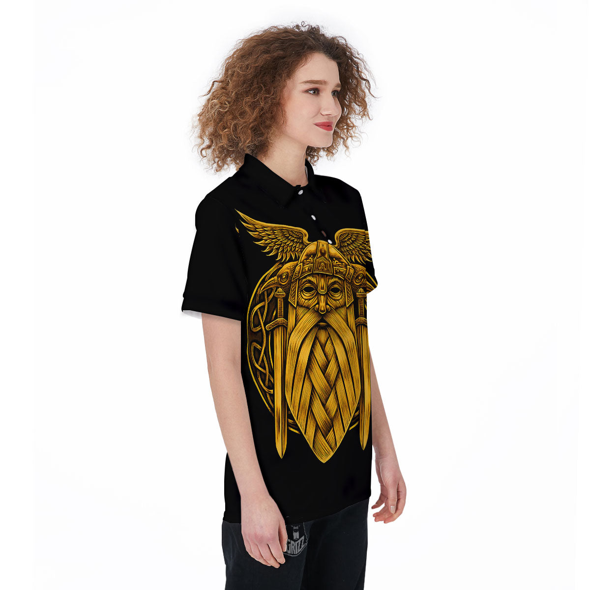 Odin God And Crow Gold Viking Print Women's Golf Shirts-grizzshop