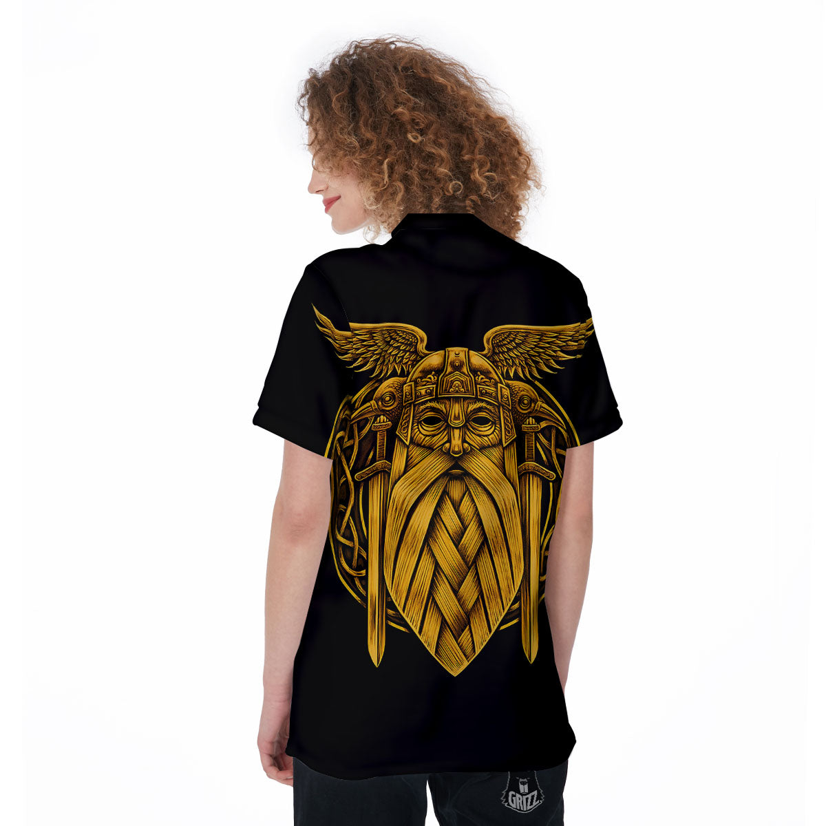 Odin God And Crow Gold Viking Print Women's Golf Shirts-grizzshop