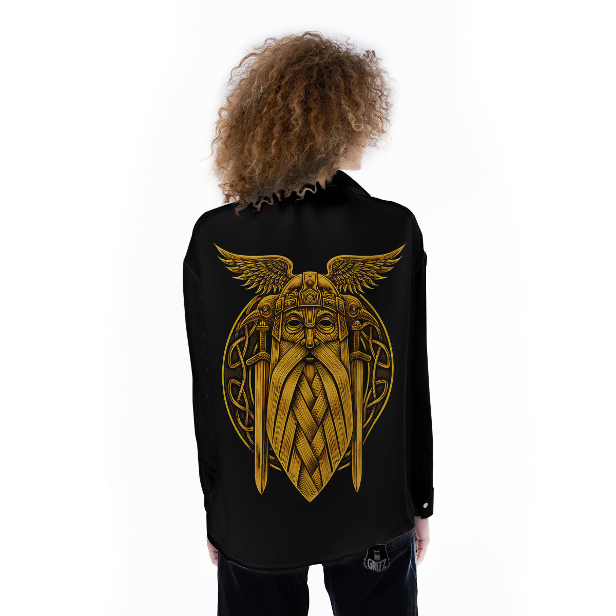 Odin God And Crow Gold Viking Print Women's Long Sleeve Shirts-grizzshop