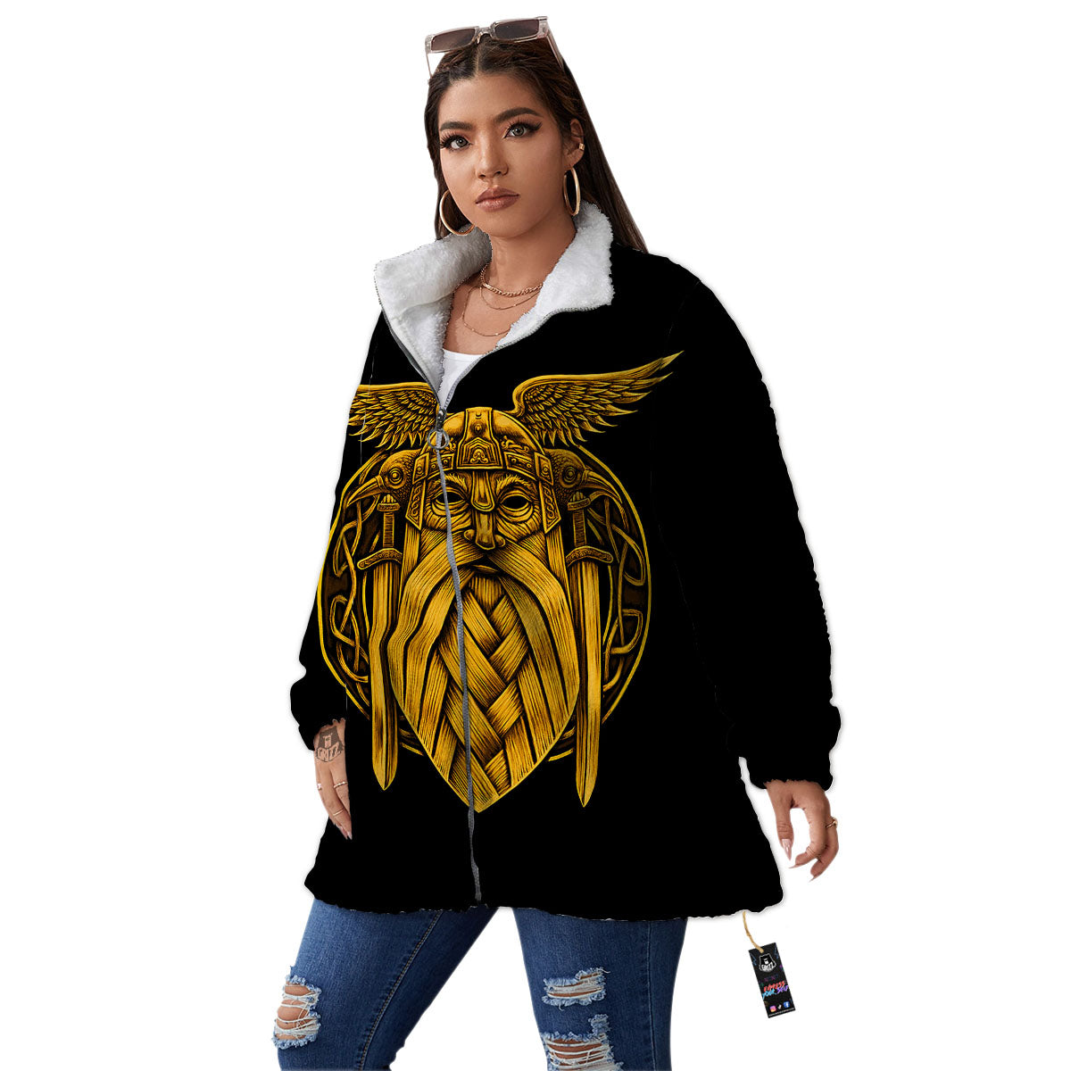 Odin God And Crow Gold Viking Print Women's Sherpa Jacket-grizzshop