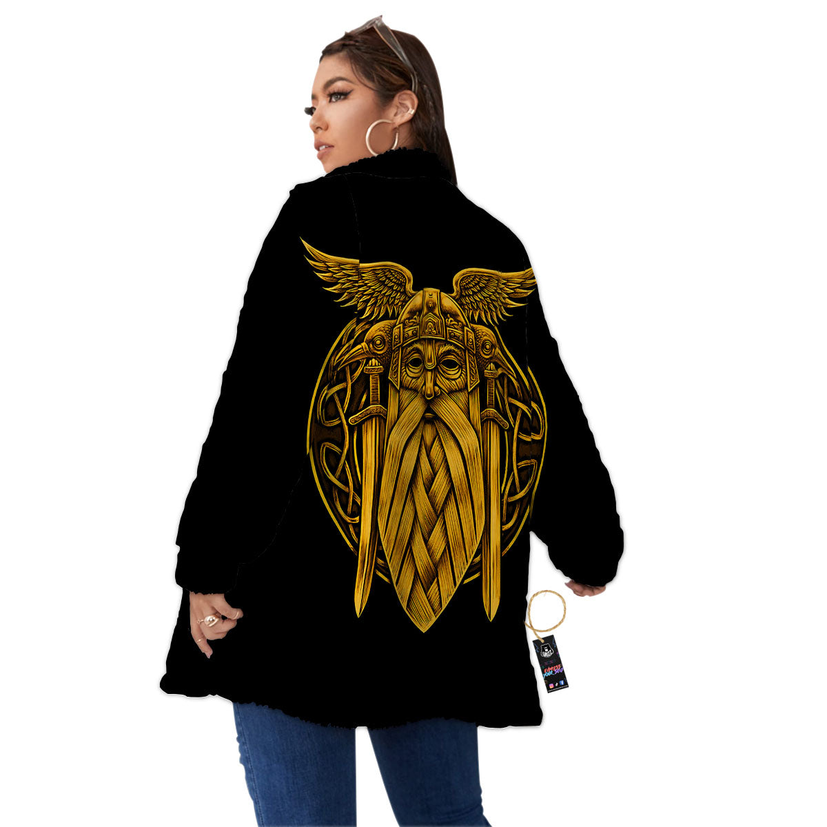 Odin God And Crow Gold Viking Print Women's Sherpa Jacket-grizzshop